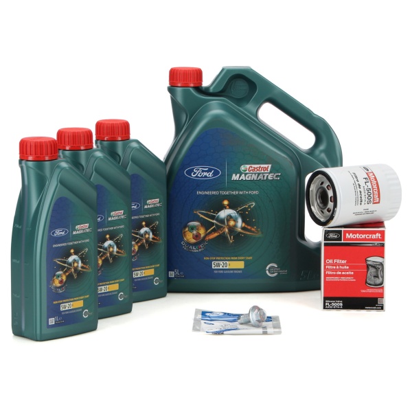 Pachet Revizie Ulei Motor Castrol Magnatec Ford 5W-20 E 5L 15D63F + 3 Buc 1L 46077 + Set Filtru Ulei + Surub Golire Baie Ulei Oe Ford 2081941 + 4948795